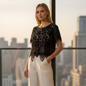 Express Asymmetrical Lace Crop Blouse | Black Intricate Floral Lace Top | S